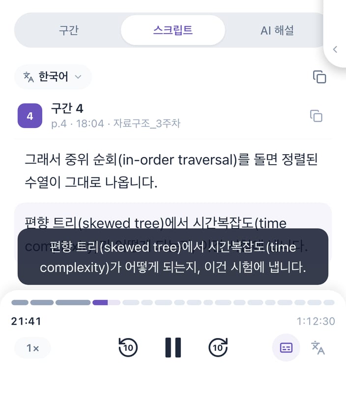 로제타 스크립트 화면. 구간 4의 문장들 가운데 지금 재생 중인 문장이 표시되고, 아래에 같은 문장이 자막으로 떠 있다
